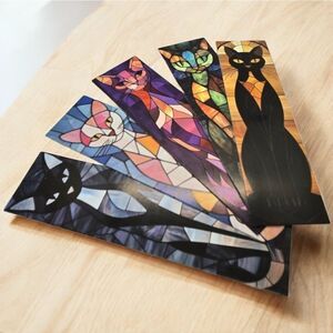 5pcs Stained Glass Black Cat Bookmarks Book Marker Clips Reading Colorful Gift